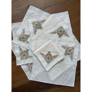 8 Vintage Embroidered Colorful Crosstitch Ivory Muslin 16” Square Napkins